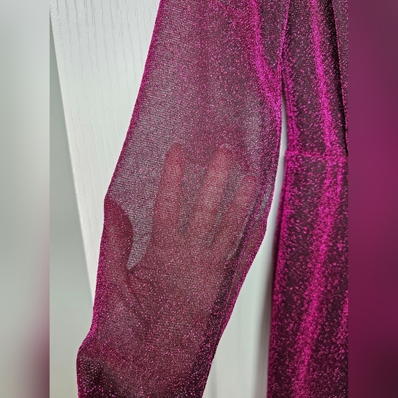 Faeriesty Womens Elegant Sparkly Glittery Magenta Gown, Thigh Slit, Sheer Arms S - Picture 7 of 11